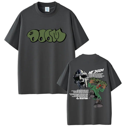 Dark gray casual cotton oversized t-shirt with green rapper mf doom graffiti logo front and detailed graphic back hip hop fashion vintage