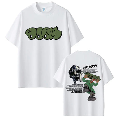 White casual cotton oversized t-shirt featuring rapper mf doom green graffiti logo front and detailed helmet graphic back
