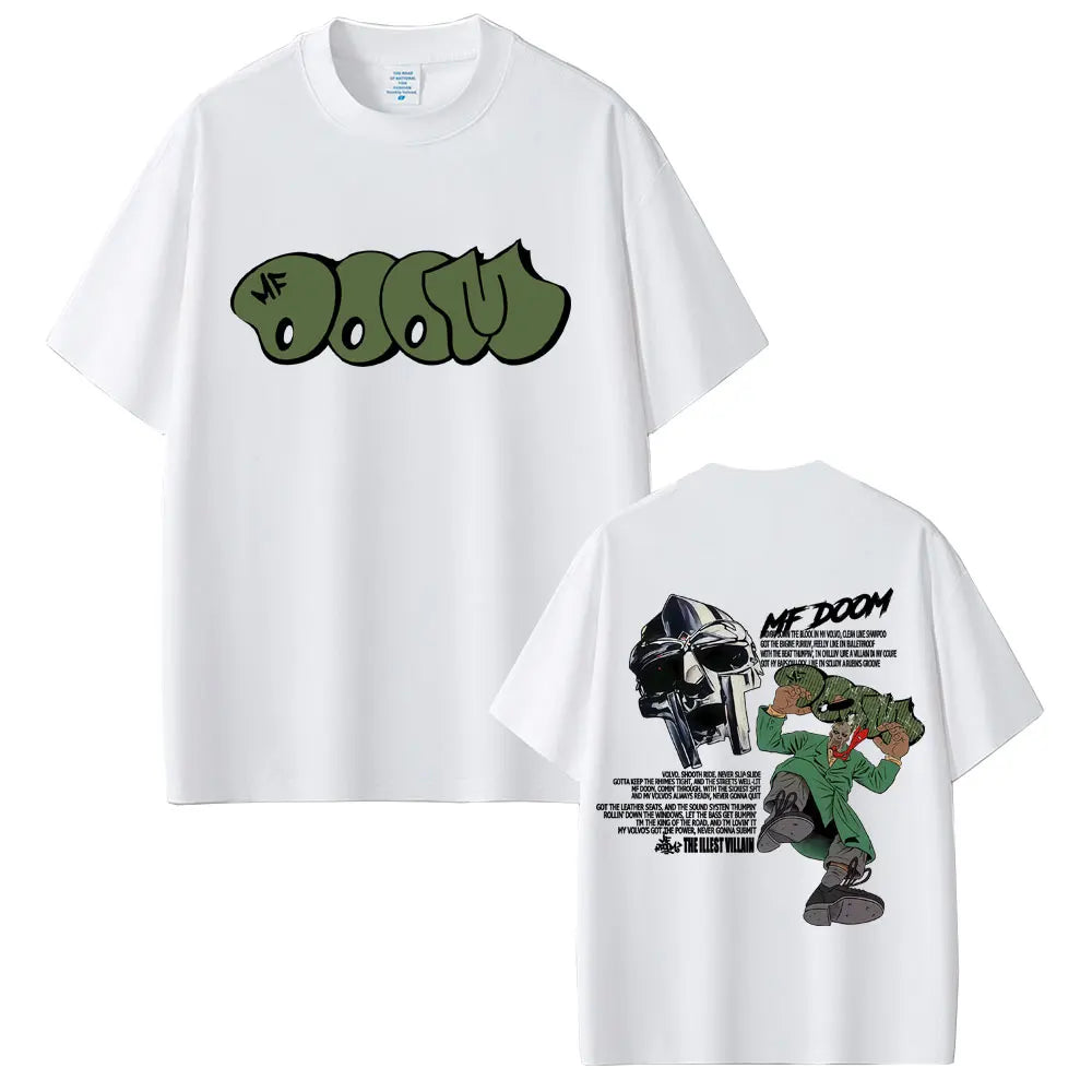 White cotton oversized t-shirt featuring green mf doom graffiti logo front and detailed helmet graphic back hip hop fashion vintage