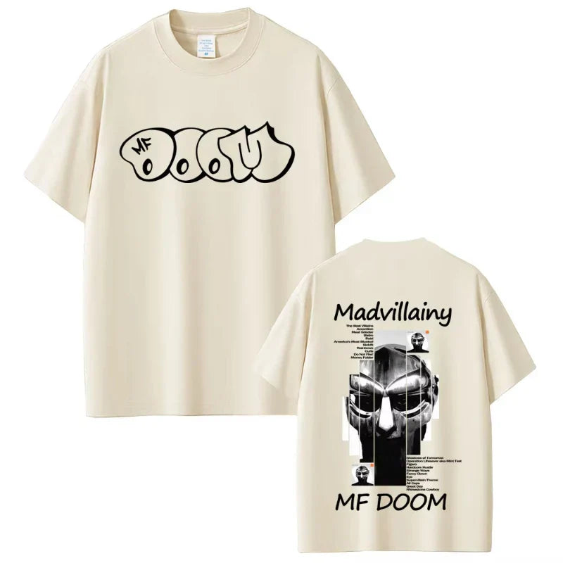 Cream-colored cotton oversized t-shirt featuring rapper mf doom doom album madvillainy hip hop fashion graphic prints