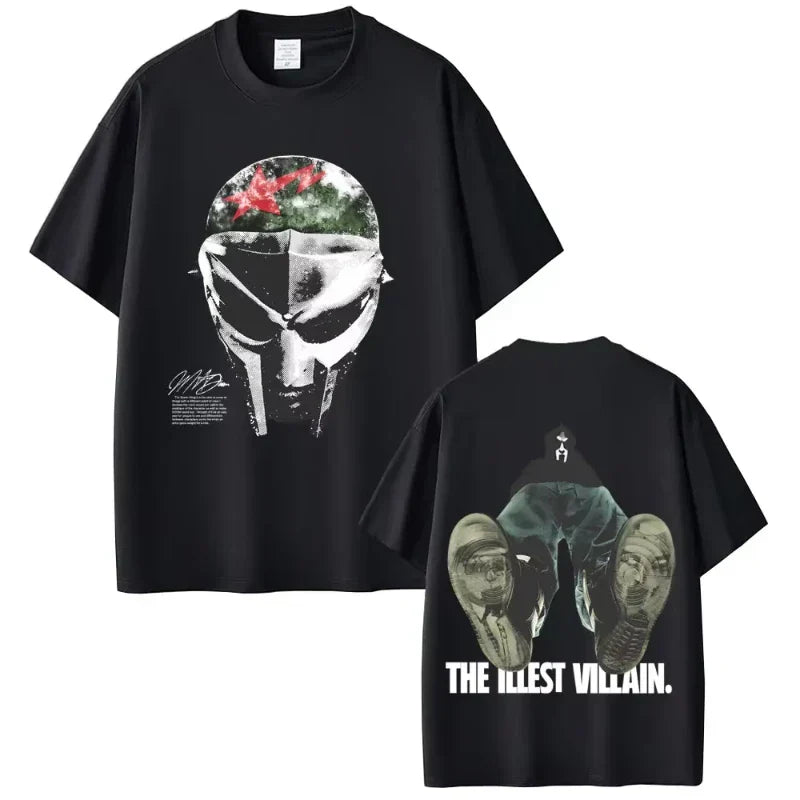 Black short-sleeved cotton t-shirt with rapper mf doom mask and the illest villain boots graphic for hip hop fashion