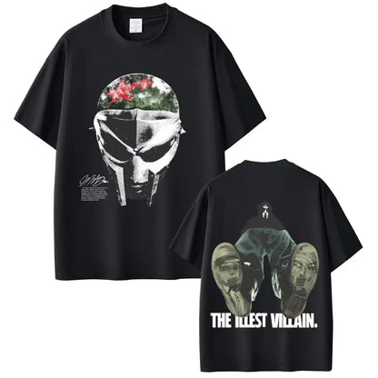 Black short-sleeved cotton t-shirt with rapper mf doom mask and the illest villain boots graphic for hip hop fashion
