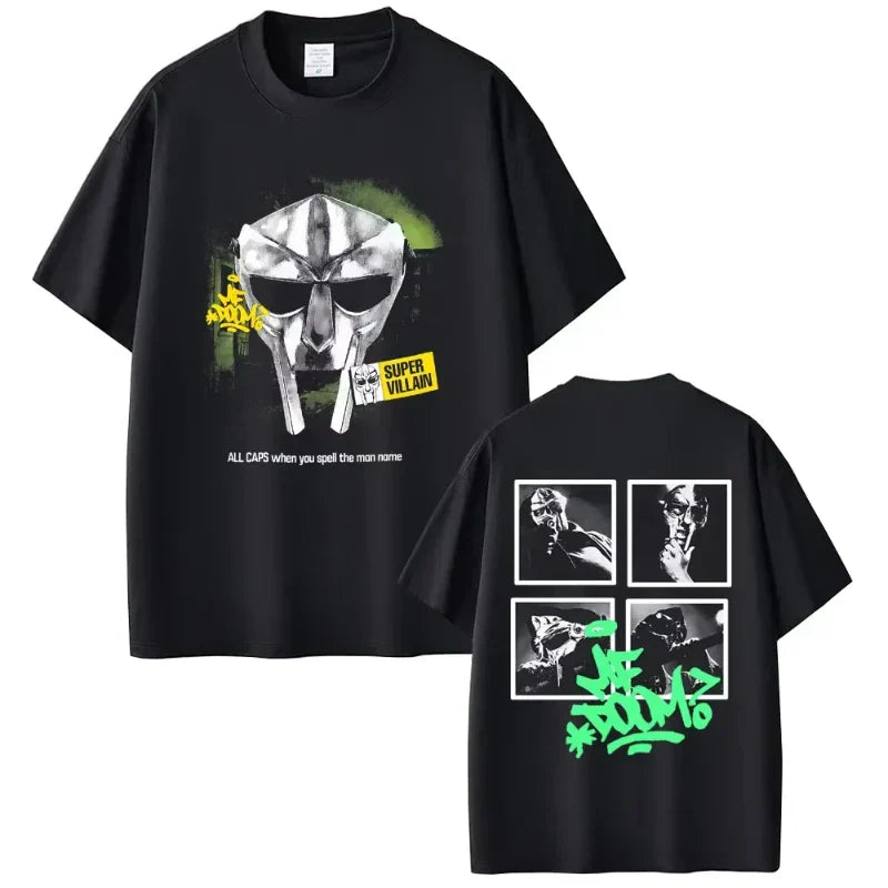 Black cotton oversized t-shirt featuring rapper mf doom mask graphic and doom album madvillainy photos with neon text for hip hop fashion