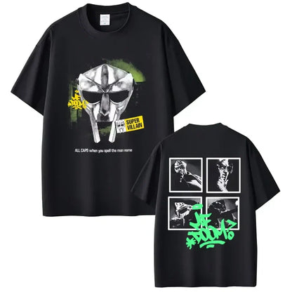 Black cotton oversized t-shirt featuring rapper mf doom mask graphic and doom album madvillainy photos with neon text for hip hop fashion