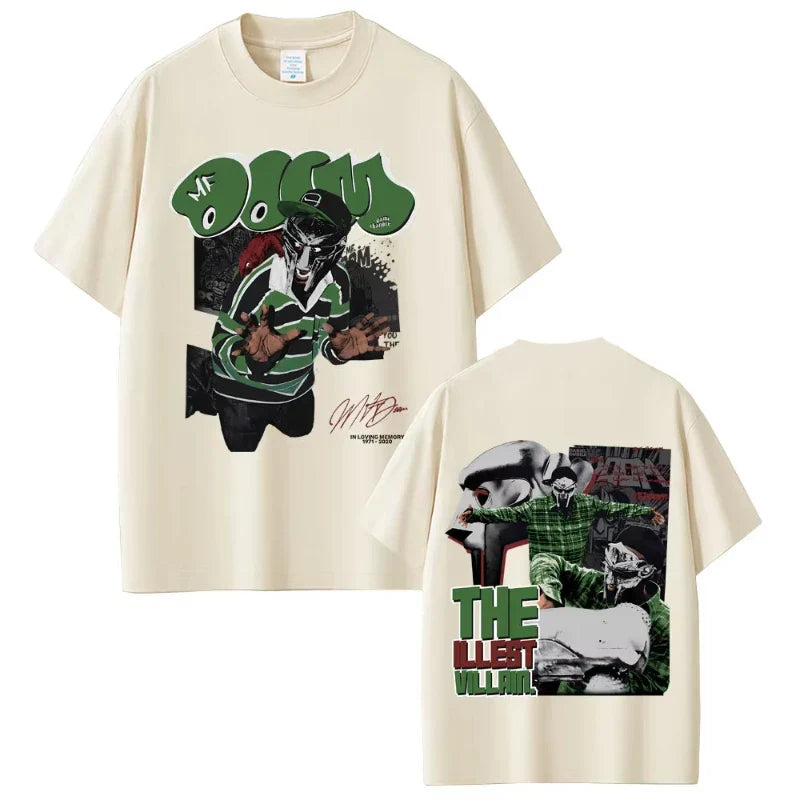 Cream-colored short-sleeve cotton t-shirt featuring rapper mf doom in green and black with doom album madvillainy hip hop fashion design