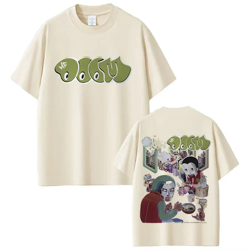 Cream-colored cotton oversized t-shirt with rapper mf doom doom album madvillainy logo and hip hop fashion graphic back