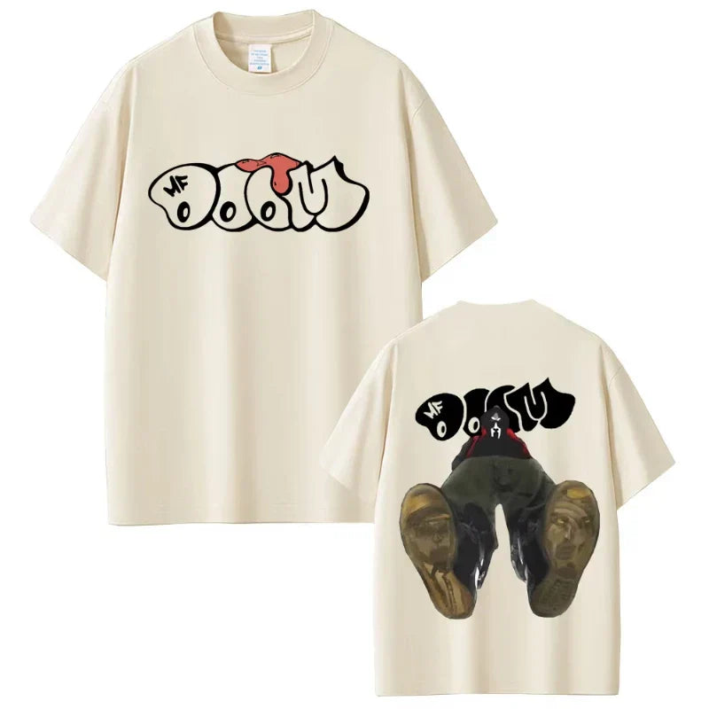 Cream-colored cotton t-shirt with bold black and red rapper mf doom doom album madvillainy graphic and illustrated back design