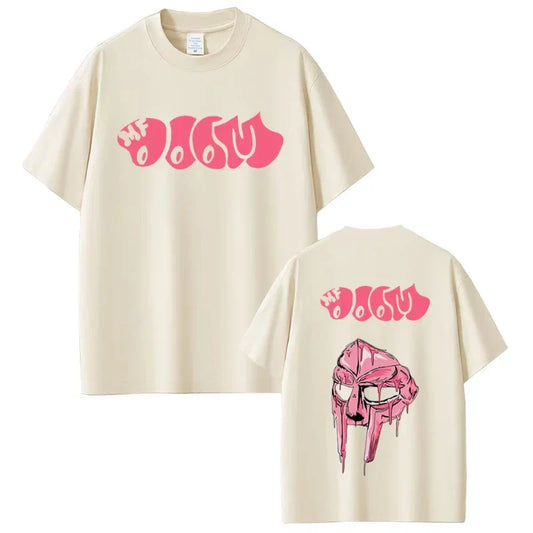 Cream-colored cotton short sleeve t-shirt with bold pink rapper mf doom logo front and stylized helmet back hip hop fashion