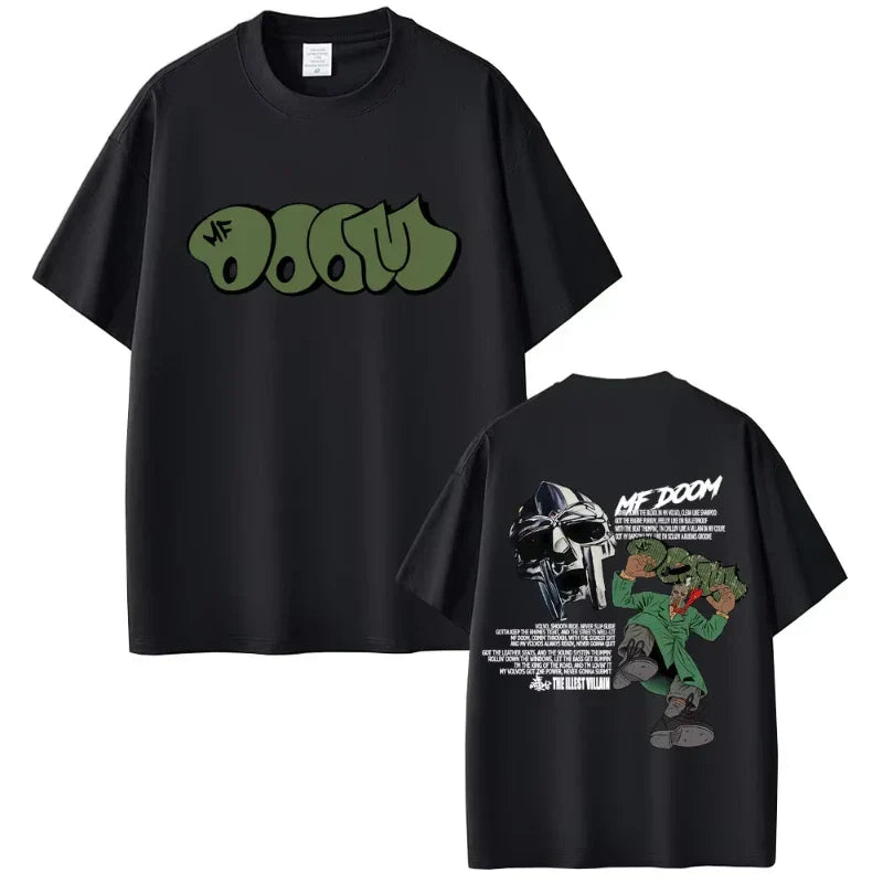 Black short-sleeved cotton t-shirt featuring green graffiti mf doom logo front and detailed doom album madvillainy graphic back for hip hop fashion