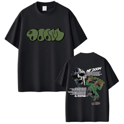 Black short-sleeved cotton t-shirt featuring green graffiti mf doom logo front and detailed doom album madvillainy graphic back for hip hop fashion