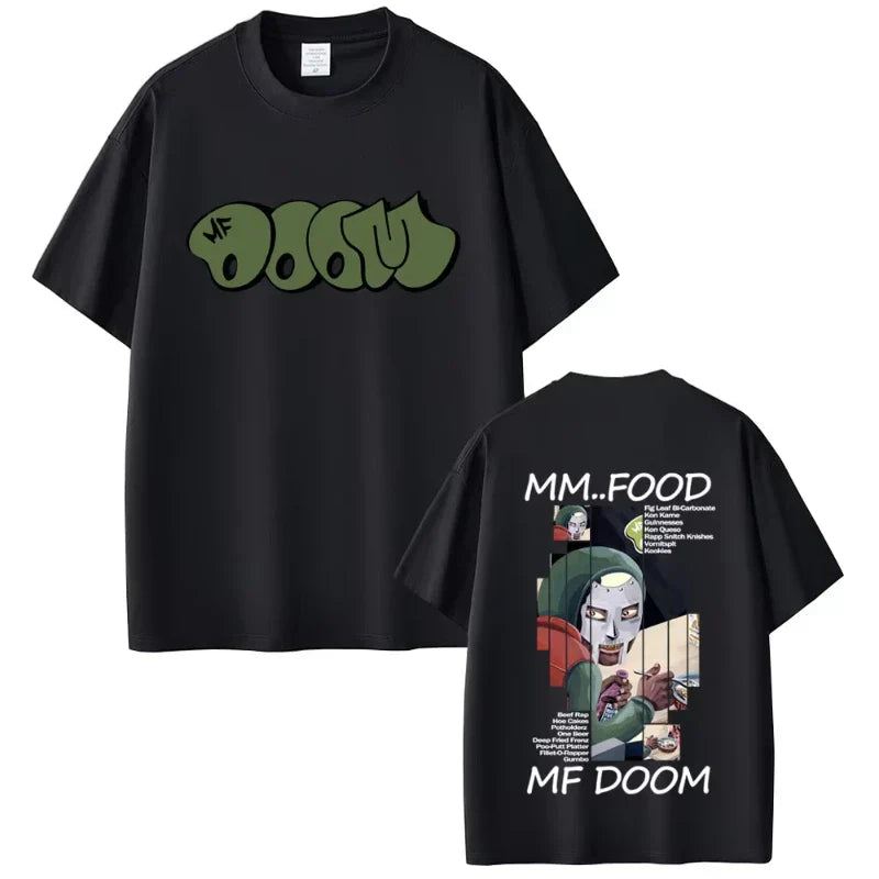 Black cotton oversized t-shirt featuring rapper mf doom graffiti logo front and doom album madvillainy graphic back for hip hop fashion