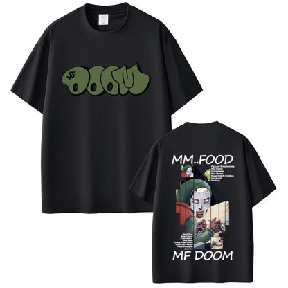 Black cotton oversized t-shirt featuring rapper mf doom graffiti logo front and doom album madvillainy graphic back for hip hop fashion
