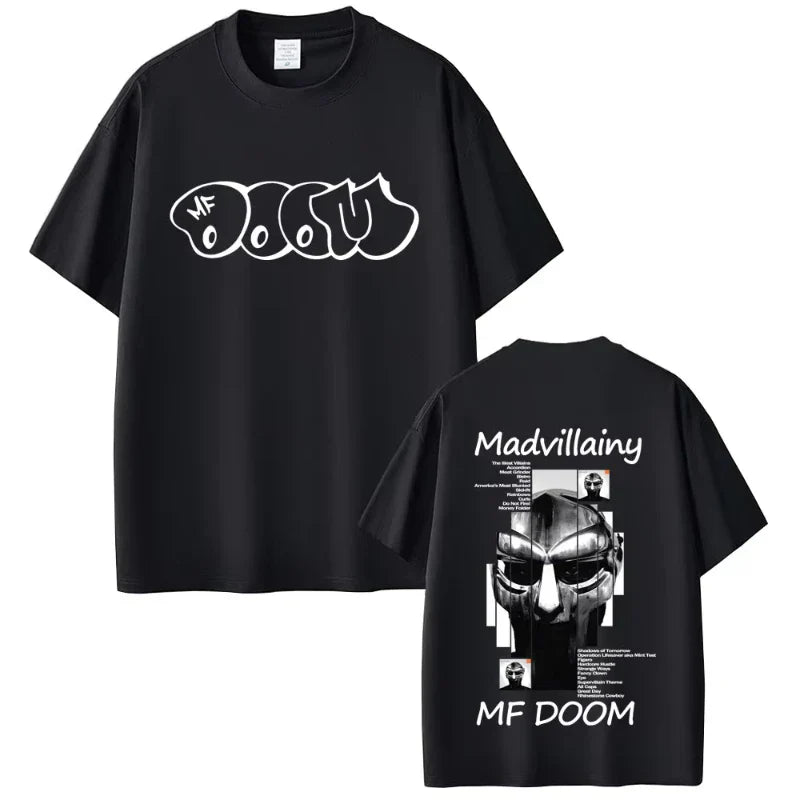 Black short-sleeved cotton t-shirt featuring rapper mf doom white graffiti text and doom album madvillainy hip hop fashion graphic