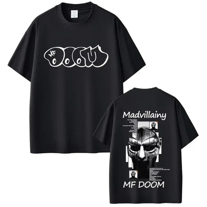 Black short-sleeved cotton t-shirt featuring rapper mf doom white graffiti text and doom album madvillainy hip hop fashion graphic