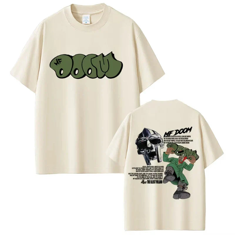 Cream-colored cotton t-shirt with green graffiti rapper mf doom logo front and doom album madvillainy graphic back for hip hop fashion