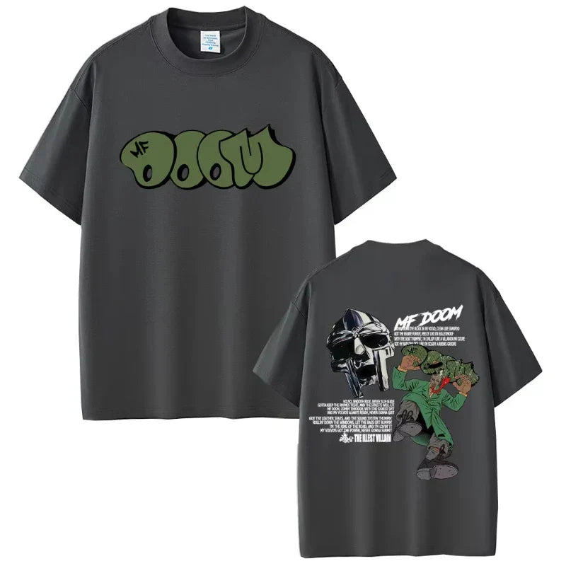 Dark gray cotton oversized t shirt with green mf doom logo front and doom album madvillainy graphic on back hip hop fashion