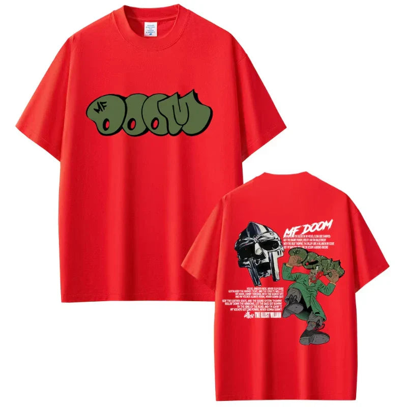 Red cotton short-sleeved t-shirt with green graffiti rapper mf doom logo and detailed doom album madvillainy graphic on back