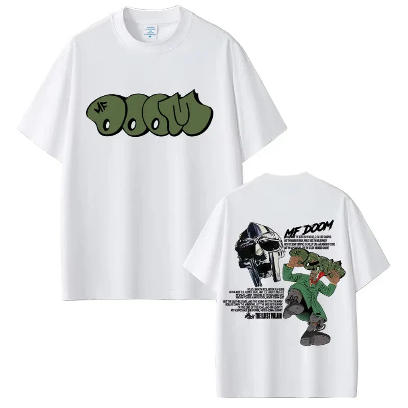 White short-sleeved cotton t-shirt with green rapper mf doom logo front and military pose graphic back for hip hop fashion