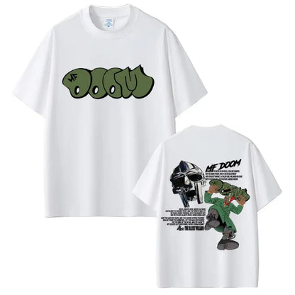 White short-sleeved cotton t-shirt with green rapper mf doom logo front and military pose graphic back for hip hop fashion