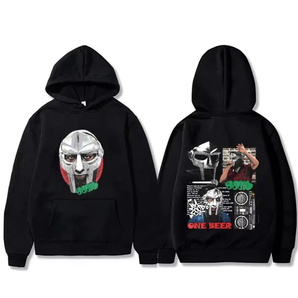 Black hooded sweatshirt with rapper mf doom mask print front and one beer collage design back for women hip hop style