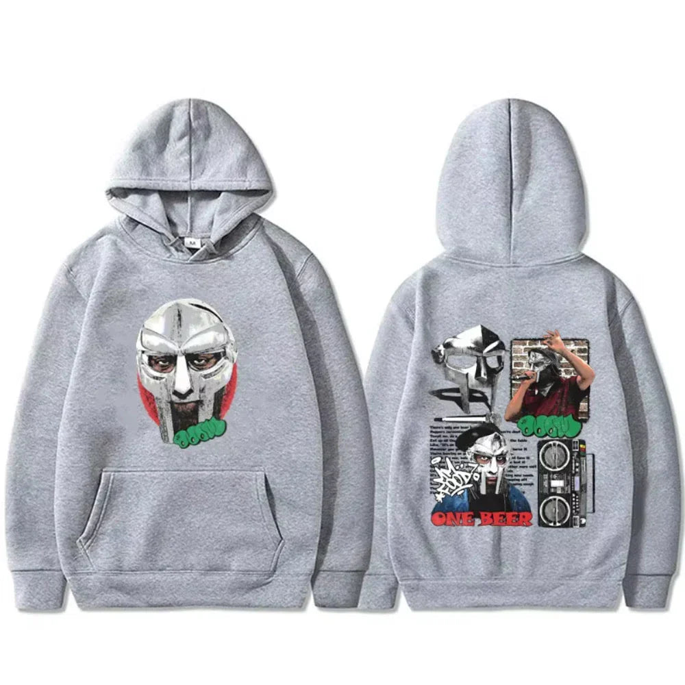 Gray hooded sweatshirt with rapper mf doom mask graphic and boombox print on back women hip hop pop music pullover