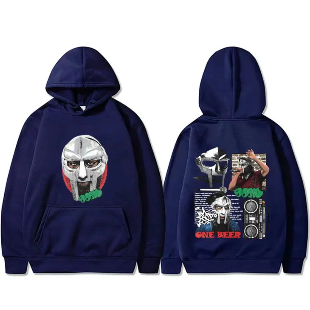 Navy blue hooded sweatshirt with mf doom mask graphic front and one beer collage back for women hip hop style
