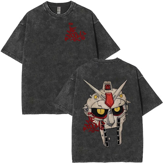 Dark gray distressed rapper mf doom tour 2026 t-shirt with white red gundam graphic and y2k hip hop women fashion oversized fit
