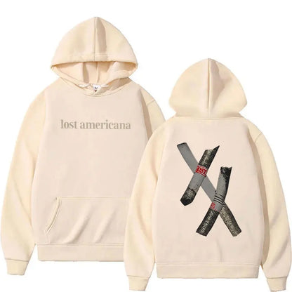 Cream-colored rapper mgk lost americana tour hoodie with front print and back crossed cigars graphic sleeve oversized y2k vintage hip hop
