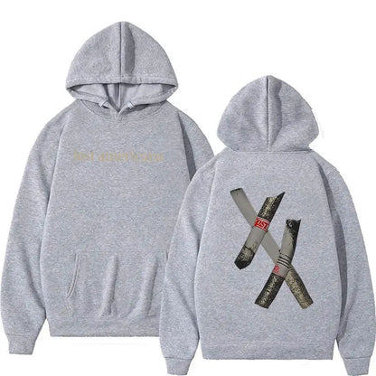 Back side of gray heathered rapper MGK lost Americana tour 2026 sleeve oversized y2k hoodie with vintage hip hop crossed cigars design