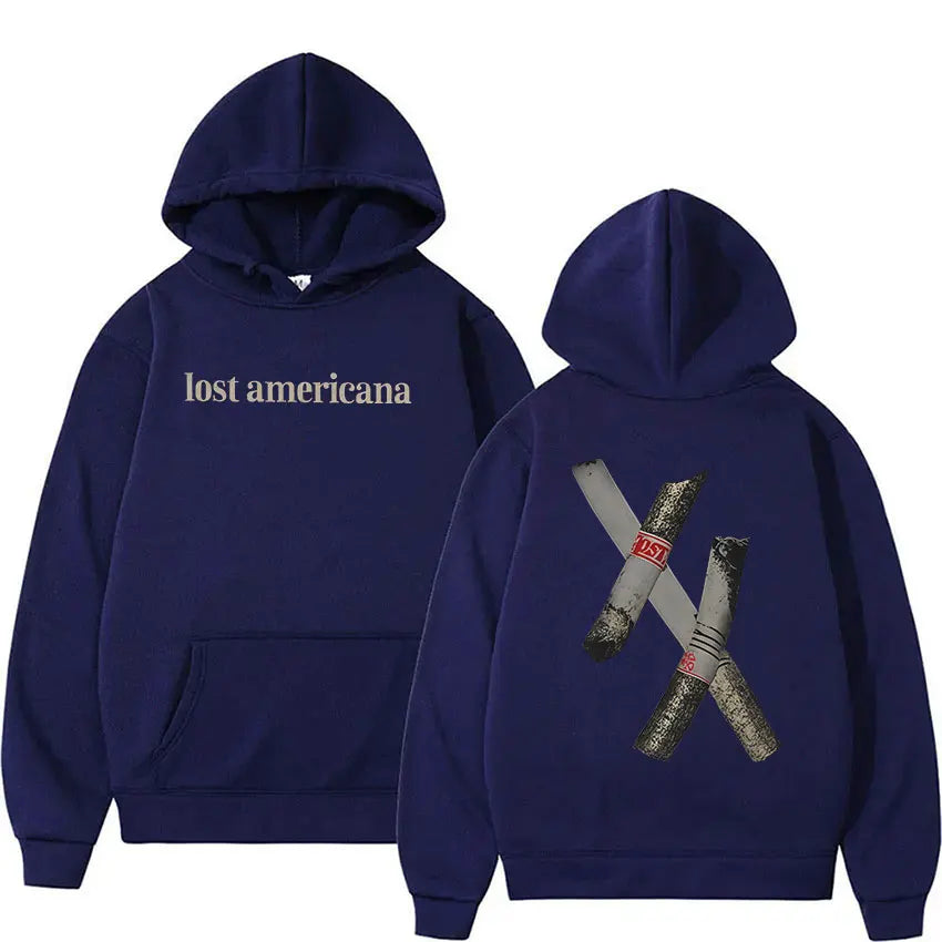 Navy blue rapper mgk lost americana tour 2026 hoodie with vintage hip hop crossed cigars graphic on back sleeve oversized y2k style