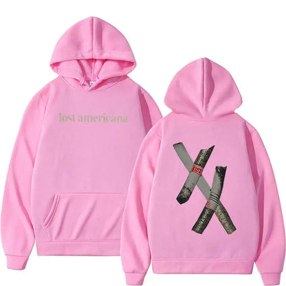 Pink rapper mgk lost americana tour 2026 hoodie with front print and back crossed cigars graphic vintage hip hop sleeve oversized y2k