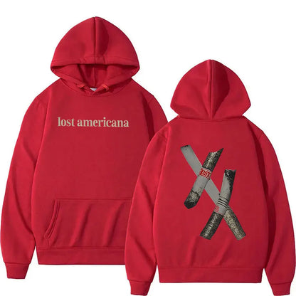 Red hooded sweatshirt with lost americana text and crossed cigar graphic on back featuring rapper mgk lost vintage hip hop style sleeve oversized y2k design