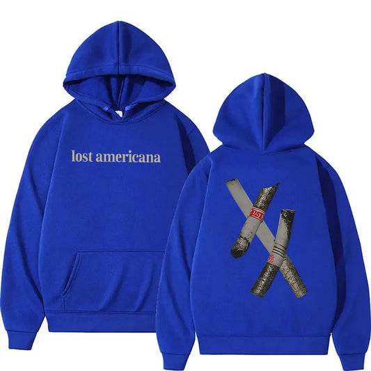 Royal blue rapper mgk lost americana hooded sweatshirt with crossed cigars graphic on back vintage hip hop sleeve oversized y2k style