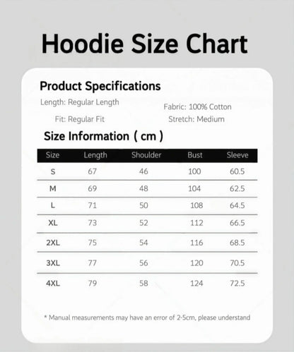 White hoodie size chart with measurements in cm for rapper mgk lost oversized y2k vintage hip hop sweatshirts sizes s to 4xl