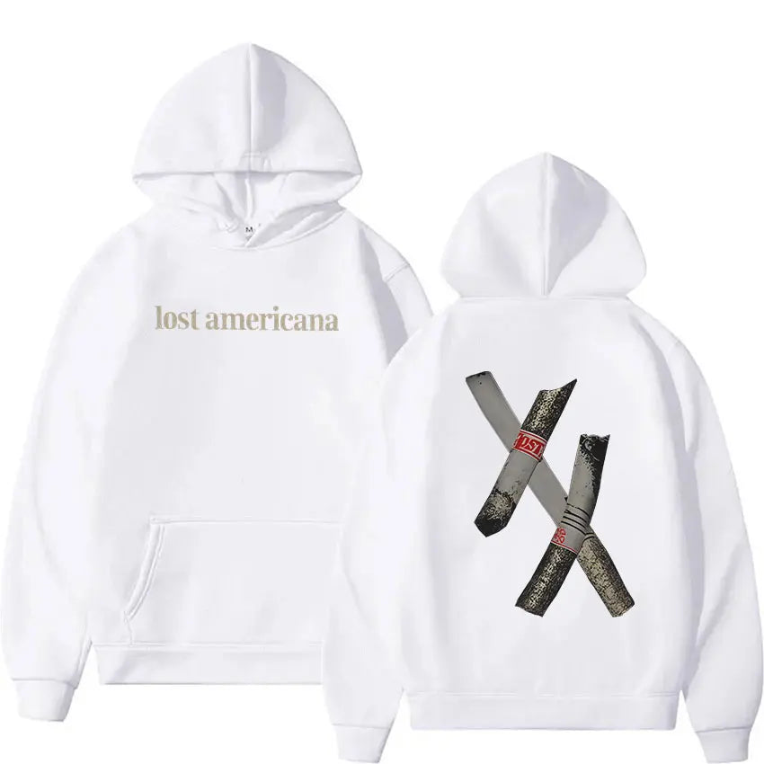 White rapper mgk lost americana tour 2026 hoodie with lost americana text front and crossed cigars graphic back sleeve oversized y2k vintage hip hop sweatshirt