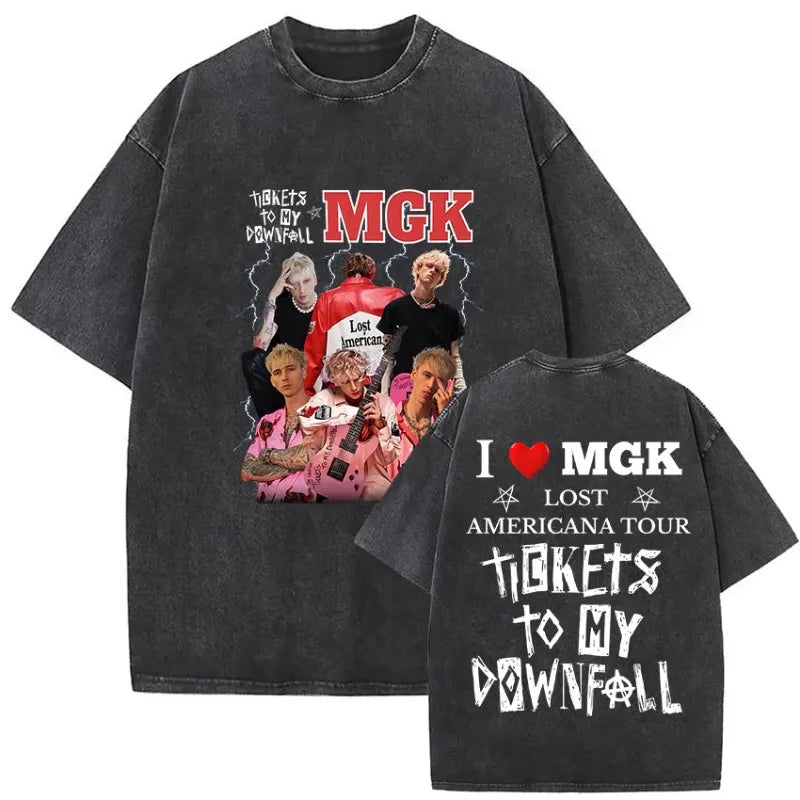 Black distressed cotton t-shirt featuring mgk and band graphic print with tickets to my downfall text for lost americana tour