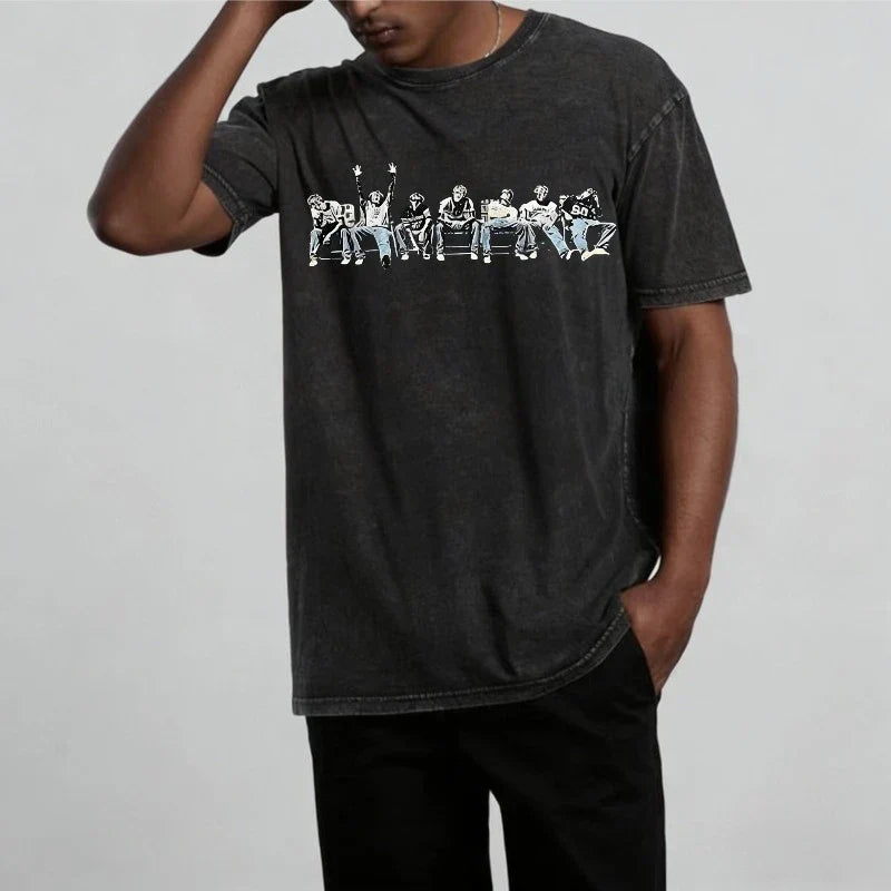 Black distressed cotton t-shirt featuring white line-art last supper graphic for mgk lost americana tour 2026