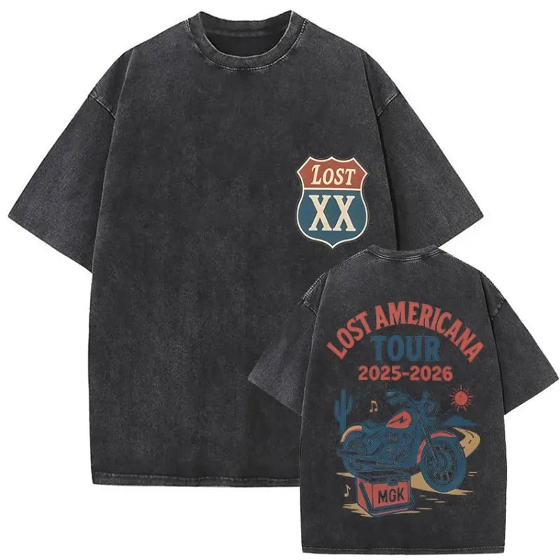 Black distressed cotton t-shirt featuring vintage lost xx shield logo and motorcycle graphic for mgk lost americana tour