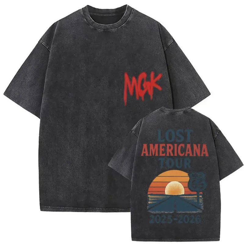 Black distressed cotton mgk lost americana t-shirt with red blue graphic prints and lost americana tour back design