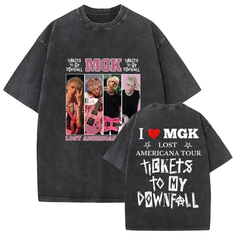 Black distressed cotton t-shirt with mgk lost americana graphic and lost americana tour text for hip hop fans
