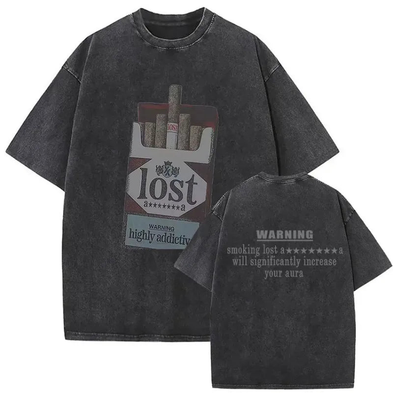 Black distressed cotton t-shirt with mgk lost americana cigarette pack graphic for lost americana tour 2026 front