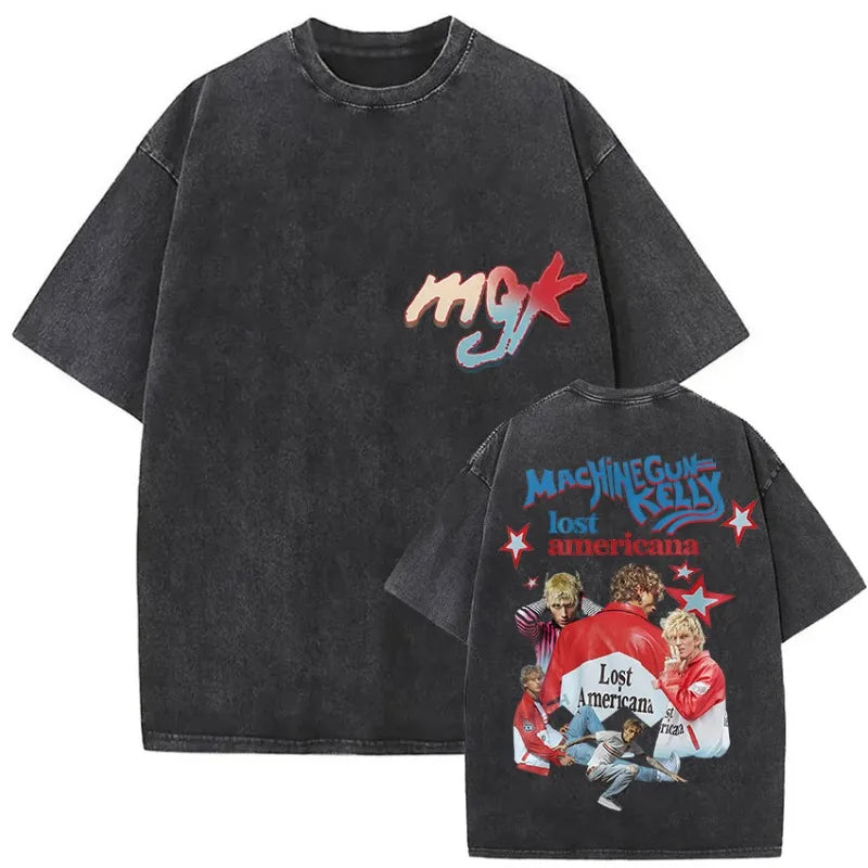 Black oversized t-shirt featuring faded machine gun kelly lost americana graphic on back for lost americana tour 2026