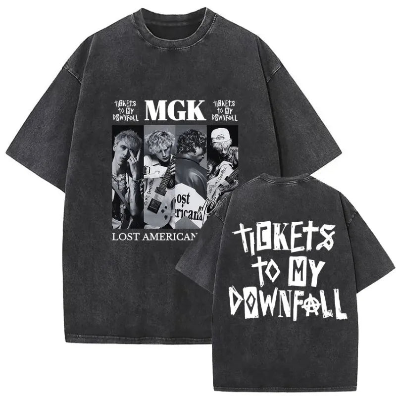 Black oversized mgk lost americana tour t shirt with distressed graphic print and tickets to my downfall text front and back