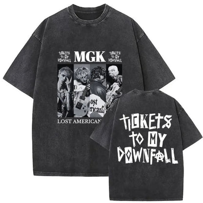 Black oversized mgk lost americana tour t shirt with distressed graphic print and tickets to my downfall text front and back