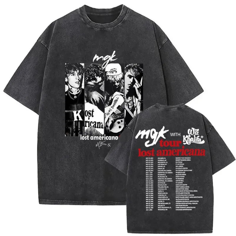 Black oversized t-shirt with faded mgk lost americana tour graphic and itinerary details in vintage washed style