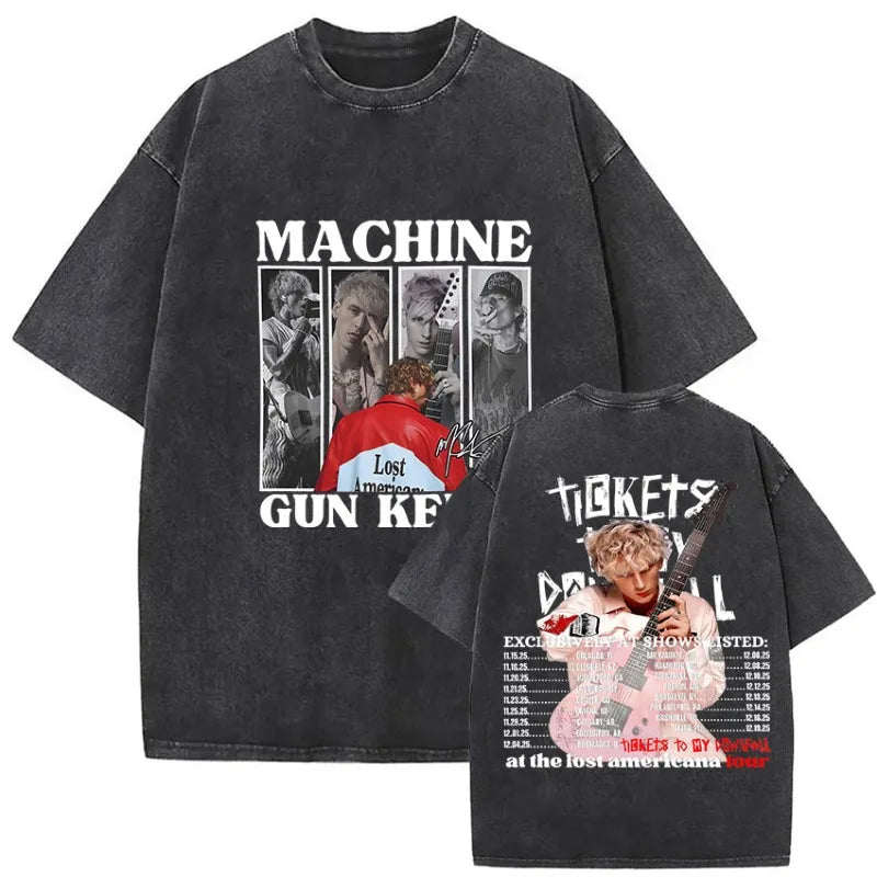 Black oversized t shirt with distressed mgk lost americana graphic and tour dates from lost americana tour 2026