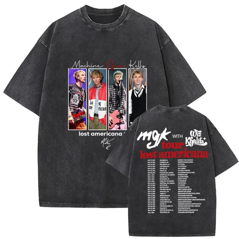 Black oversized t-shirt with faded machine gun kelly graphic and lost americana tour 2026 details in vintage washed style