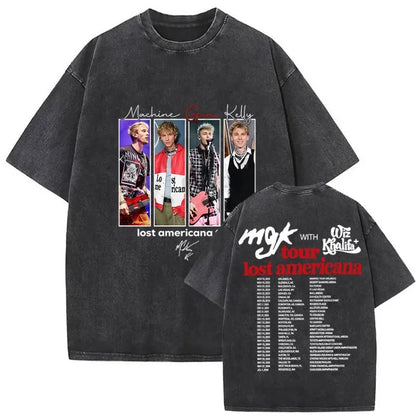 Black oversized t-shirt with faded machine gun kelly graphic and lost americana tour 2026 details in vintage washed style