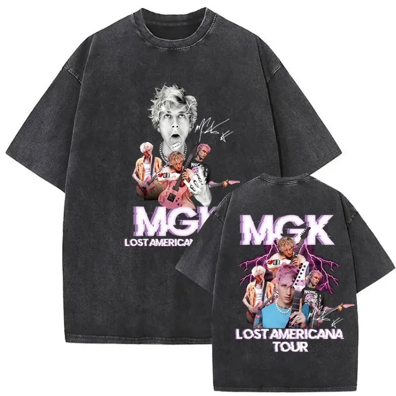 Black oversized t-shirt with faded mgk lost americana graphic and lightning effects on the back for vintage hip hop style