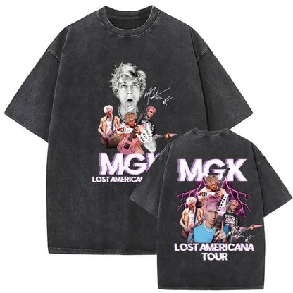 Black oversized t-shirt with faded mgk lost americana graphic and lightning effects on the back for vintage hip hop style